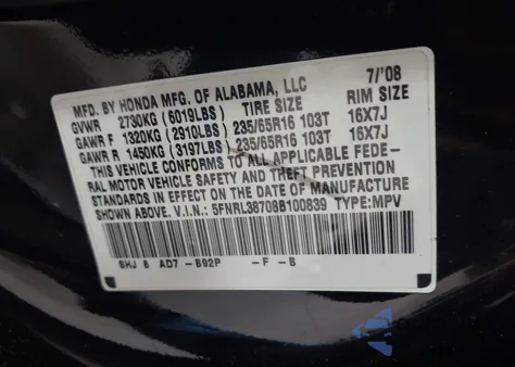 2008 Honda Odyssey Ex-L from USA, damaged, VIN 5FNRL38708B100839